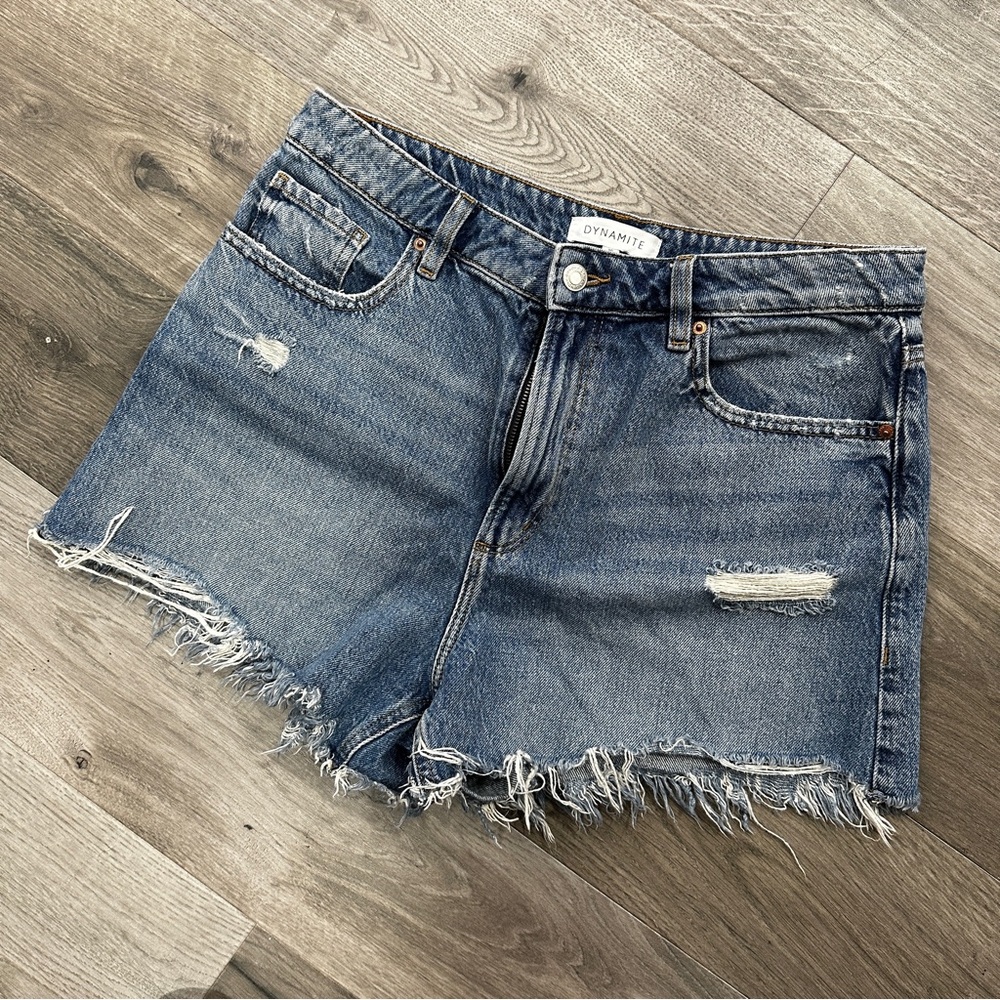 Dynamite Distressed Frayed Hem Denim Shorts Hi Rise Blue Jean Cut Offs Size 30
